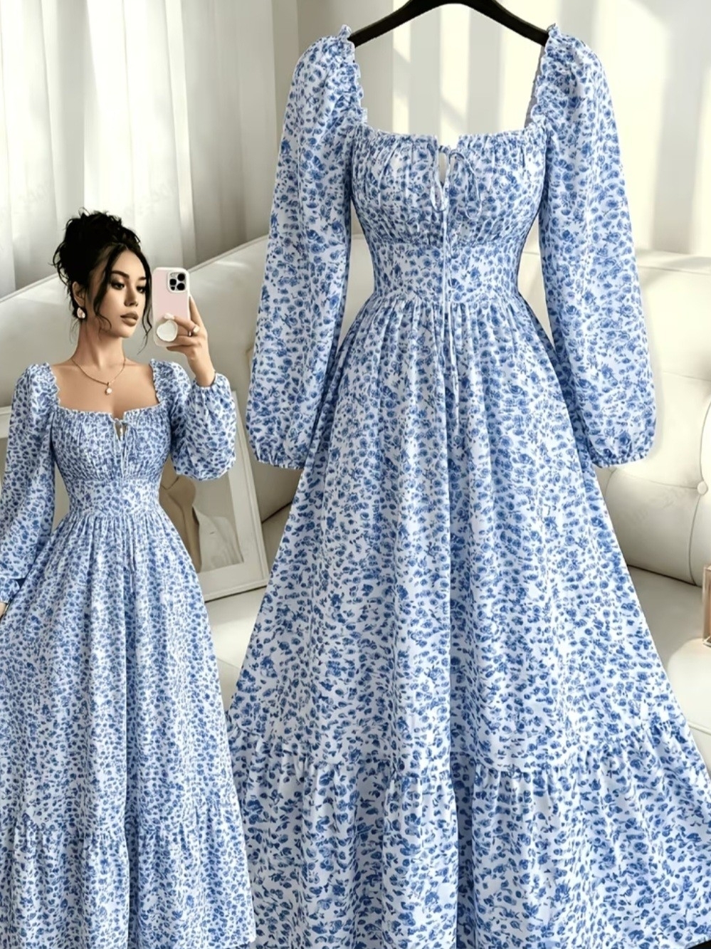 Blue Floral Puff-Sleeve Maxi Dress - Elegant Women’s Summer Dress